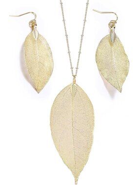 Elegant Filigree Long Leaf Pendant Dangle Necklace & Earring Jewelry Set